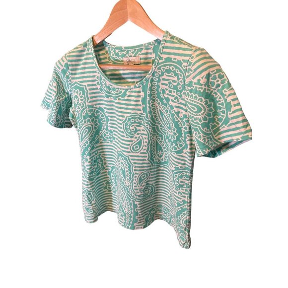 D & Co Active Green Striped Paisley Print Short Sleeve Round Neck Top SZ Small - Picture 2 of 6